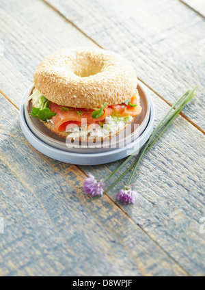 Smoked salmon and cream cheese bagel sandwich Stock Photo