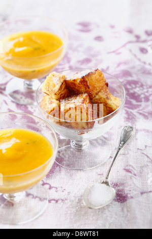 French toast made with soya milk ,verbana -mango soup Stock Photo