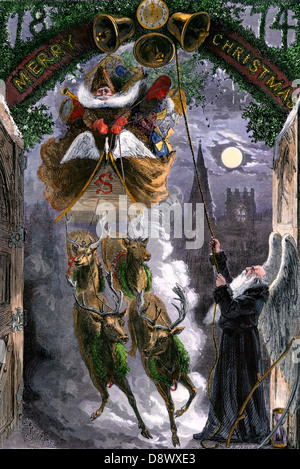 Father Time ringing bells for the arrival of Santa Claus in his sleigh, 1870s. Hand-colored woodcut Stock Photo