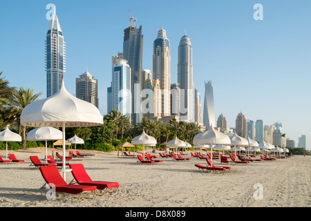 Dubai Skyline and Beach at The One and Only Mirage Hotel in Dubai United Arab Emirates Stock Photo
