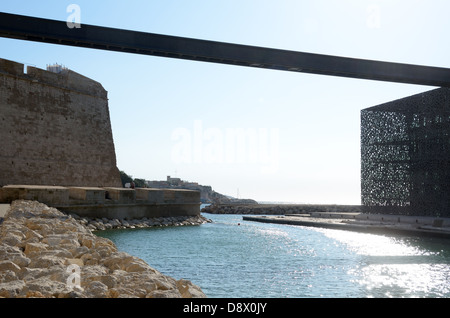 Aerial Walkway or Footbridge Linking the Historic Fort Saint Jean & the MUCEM Museum Marseille Provence France Stock Photo