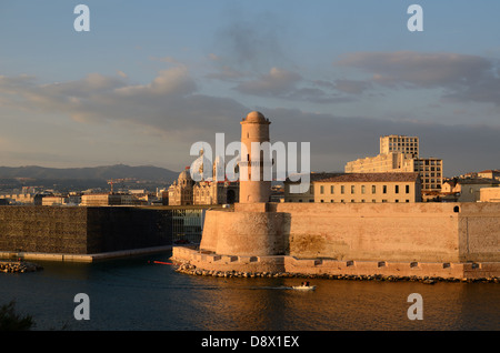Fort Saint Jean & MUCEM Museum at the Entrance to the Vieux Port or Old Port Marseille at Dusk France Stock Photo