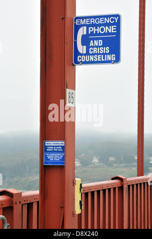 Emergency phone and crisis counseling sign on the walkway of the Golden Gate Bridge, San Francisco, California, USA. Stock Photo