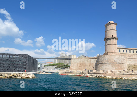 Fort Saint Jean (1660) & MUCEM Museum and Gallery by Rudy Ricciotti at Entrance to the Old Port or Vieux Port Marseille Provence France Stock Photo