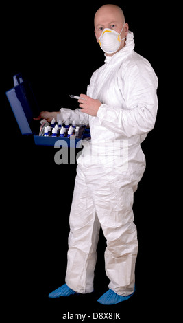 man in protective suit working with lab equipment Stock Photo