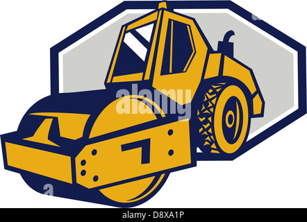 Illustration of road roller flat drum viewed from the front on low angle done in retro style. Stock Photo