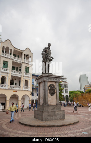 Pedro de Heredia Statue, Plaza de los Coches, Cartagena, Colombia Stock Photo