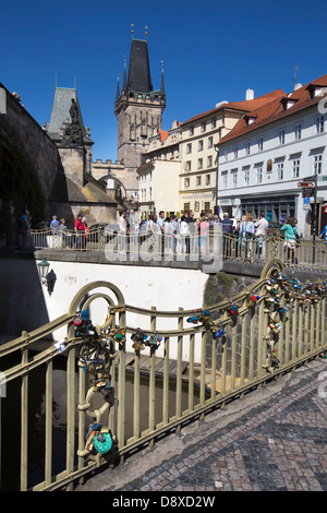 Some padlocks at the Love Locks Bridge, , Prague, Czech Republic, Europe Stock Photo