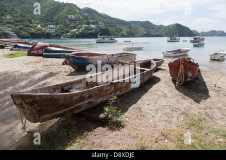 Boats resting on the beach of Taganga, near Santa Marta, Colombia Stock Photo