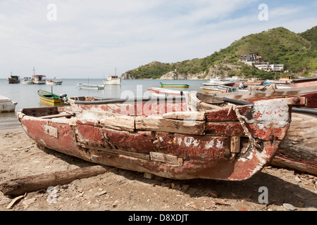 Boats resting on the beach of Taganga, near Santa Marta, Colombia Stock Photo