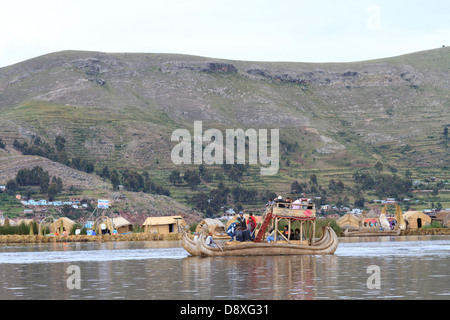 Reed boat with tourists, Uros Islands, Lake Titicaca, Peru Stock Photo