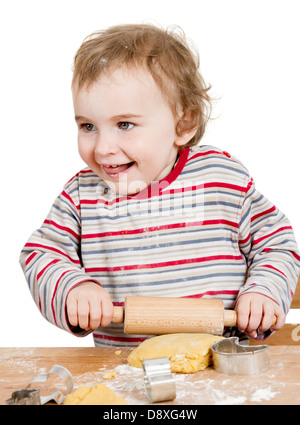 cute child with dough isolated on white background. horizontal image Stock Photo