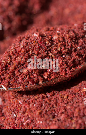 Ground sumac, a sweet and sour spice commonly used in Turkish and Middle-Eastern cooking. Stock Photo