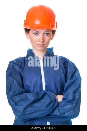 Portrait of a woman in protective clothing and helmet. Isolation on white background with a clipping paths Stock Photo