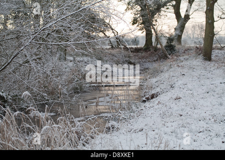 Frozen drainage dyke. Broadland. Norfolk. Winter. Stock Photo