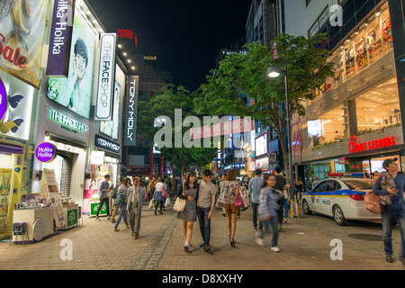 myeongdong shopping street in seoul south korea at night Stock Photo