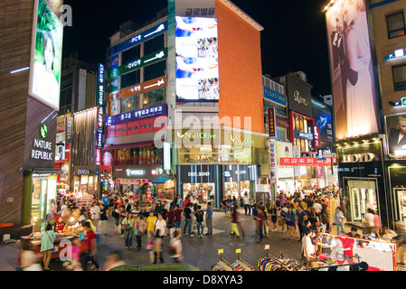 myeongdong shopping street in seoul south korea at night Stock Photo