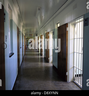 Prison Hallway that contains Nelson Mandela's former cell in the Maximum Security prison at Robben Island Stock Photo