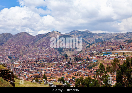 Peru, Cuzco, Overlooking the City in a valley surrounded by hills. Stock Photo