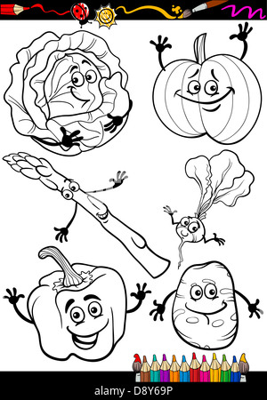 Coloring Book or Page Cartoon Illustration of Black and White Vegetables Food Comic Characters Set Stock Photo