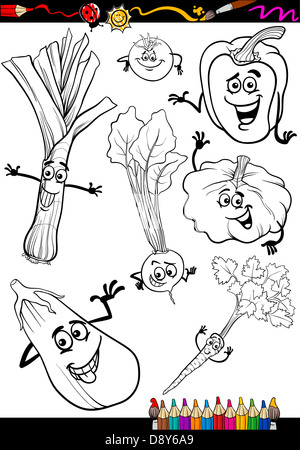Coloring Book or Page Cartoon Illustration of Black and White Vegetables Food Comic Characters Set Stock Photo