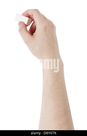 adult man hand erasing something with eraser, isolated on white Stock Photo