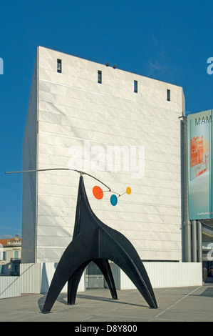 A modern sculpture, 'Stabile mobile' by Calder, in front of Museum of Modern and Contemporary Art in Nice, France Stock Photo