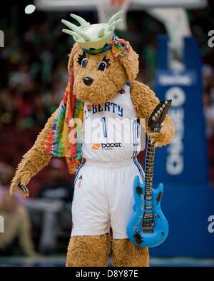 June 5, 2013 - Newark, New Jersey, U.S. - June 5 2011: Liberty's mascot Mannie during WNBA action at the Prudential Center in Newark, New Jersey between the New York Liberty and the Indiana Fever. New York Liberty defeated Indiana Fever 75-68 in over time. Stock Photo