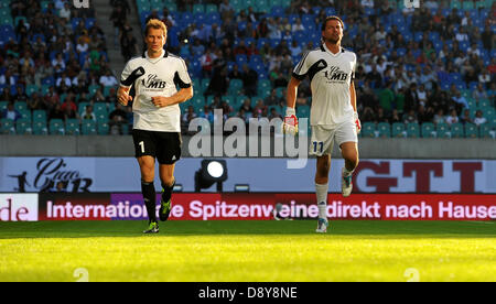 Roman Weidenfeller (r) with Jens Lehmann is pictured during Michael Ballack's farewell match at Red Bull Arena in Leipzig, Germany, 05 June 2013. Photo. Thomas Eisenhuth Stock Photo