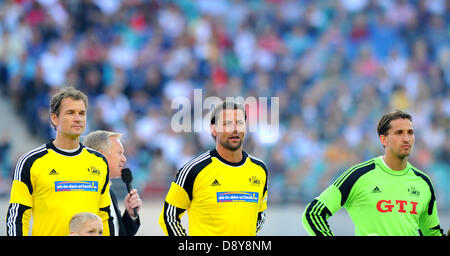 Roman Weidenfeller (l) with Jens Lehmann and Rene Adler are pictured during Michael Ballack's farewell match at Red Bull Arena in Leipzig, Germany, 05 June 2013. Photo. Thomas Eisenhuth Stock Photo