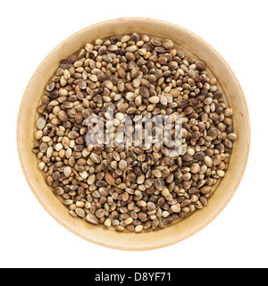 whole hemp seeds in a small bowl isolated on white, top view Stock Photo
