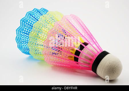 shuttlecocks in different colors on white background Stock Photo