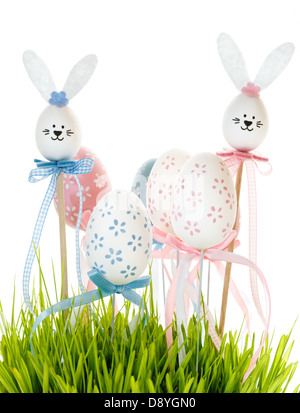 Easter eggs and bunnies in grass Stock Photo