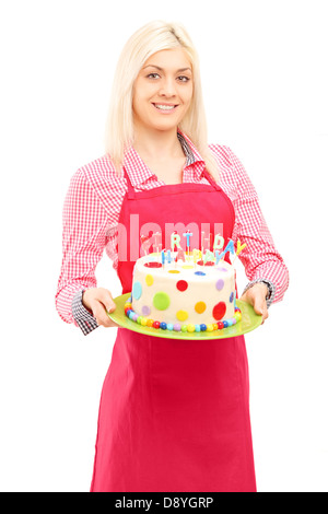 Happy Woman Chef In Uniform Showing Ok Gesture On White Background 