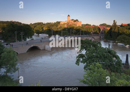 castle and bridge Giebichenstein during flood of river Saale in Halle; Germany, 5th  June 2013 Stock Photo