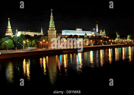 Moscow Kremlin as seen from the Moscow River at night. Stock Photo