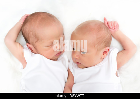 Newborn twin brothers of 11 days old, one sleeping and one awake Stock Photo