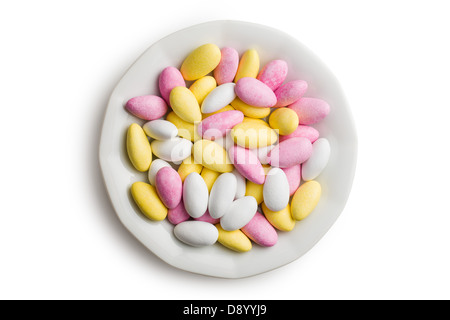 the sugared almonds on ceramic plate Stock Photo