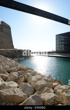 Aerial Walkway, Footbridge, or Pedestrian Bridge Connecting the Fort Saint Jean and MUCEM Museum Marseille Provence France Stock Photo