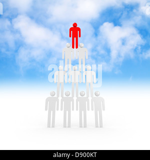 Pyramid of white abstract 3d people with one red leader on top with blue sky on a background