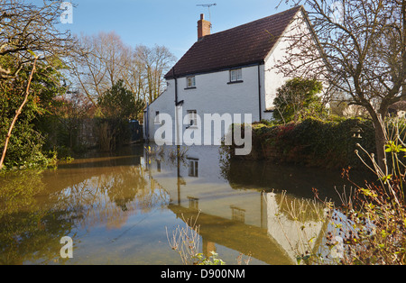 A cottage flooded after heavy rain, on the Somerset Levels, Langport, Somerset, Great Britain. Stock Photo