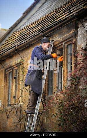 The village of Montacute in Somerset where residents can expect the country's highest life expectancy - an elderly man repairing Stock Photo