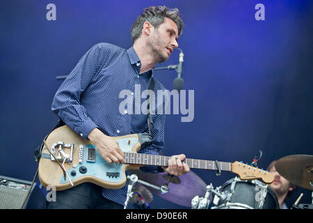 Nuremberg, Germany. 7th June 2013. Front man of German band Tocotronic, Dirk von Lowtzow, performs at the music festival 'Rock im Park' in Nuremberg, Germany, 07 June 2013. Over 70,000 rock musicians are expected to the festival which continues until 09 June. Photo: DANIEL KARMANN/dpa/Alamy Live News Stock Photo