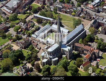 aerial view of Norwich Cathedral dedicated to Holy and Undivided Trinity, Norfolk Stock Photo