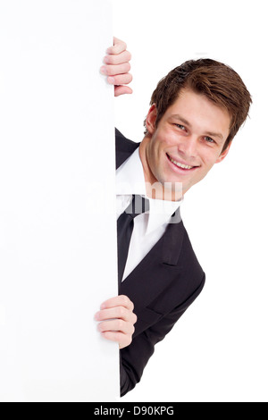 young businessman holding a white board Stock Photo
