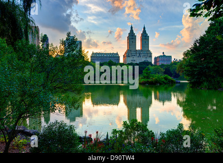 Upper West Side skyline from Central Park Lake in New York City. Stock Photo