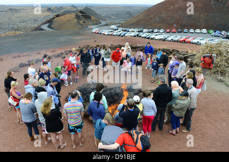 Timanfaya, National Park of Timanfaya, making fire from the heat in the ground, Lanzarote, Canary Islands Stock Photo