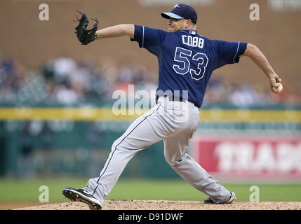 June 5, 2013 - Detroit, Michigan, United States of America - June 05, 2013: Tampa Bay Rays starting pitcher Alex Cobb (53) delivers pitch during MLB game action between the Tampa Bay Rays and the Detroit Tigers at Comerica Park in Detroit, Michigan. The Rays defeated the Tigers 3-0. Stock Photo