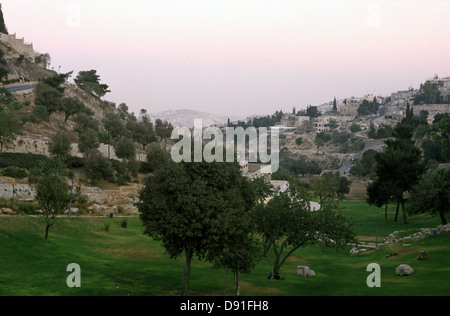 View toward Valley of Hinnom or Gei Ben Hinom Valley Park the modern name for the biblical Gehenna or Gehinnom valley surrounding Jerusalem's Old City, Israel Stock Photo