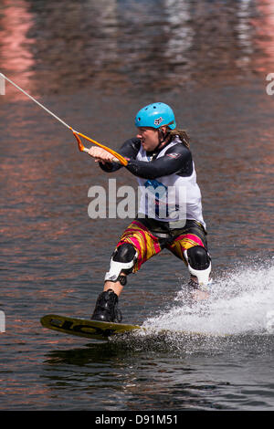 Liverpool, UK 8th June, 2013. Wakeboarder at the Red Bull Harbour Reach 2013, an inaugural event where Ships, a Shanty Festival, Regattas, wakeboarding and historic canal boats are all taking part in a Mersey River Festival at Albert Dock.   Credit:  Cernan Elias/Alamy Live News Stock Photo